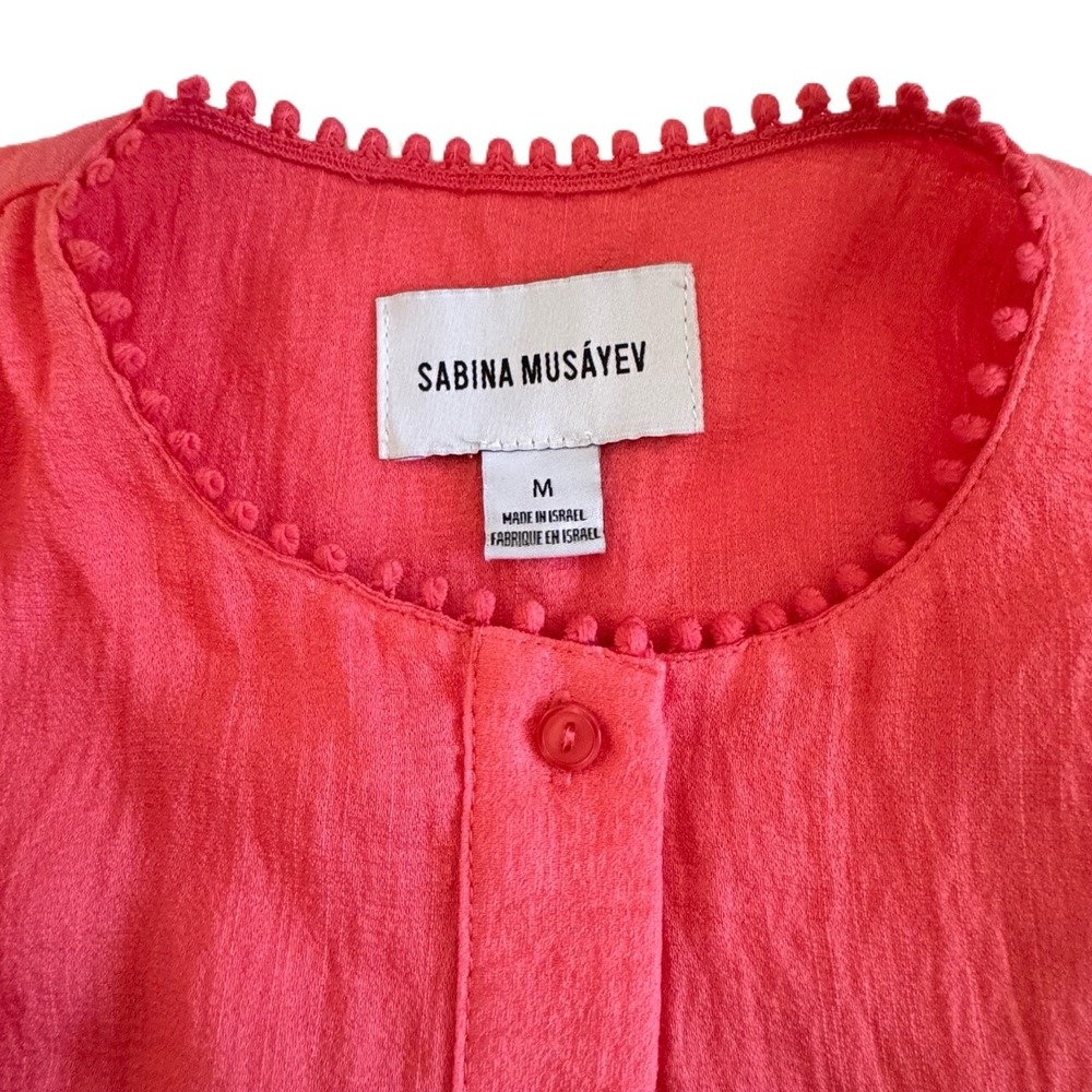 Sabina Musayev Mini Dress Women Medium Pom Pom Trim Ruffle Hem Coral Pink - Picture 5 of 13